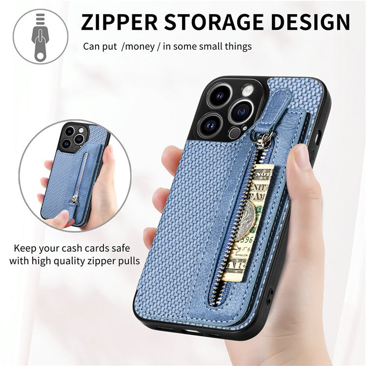 C1-04 For iPhone 14 Pro Case Leather Zipper Pocket Phone Cover with Kickstand - Blue