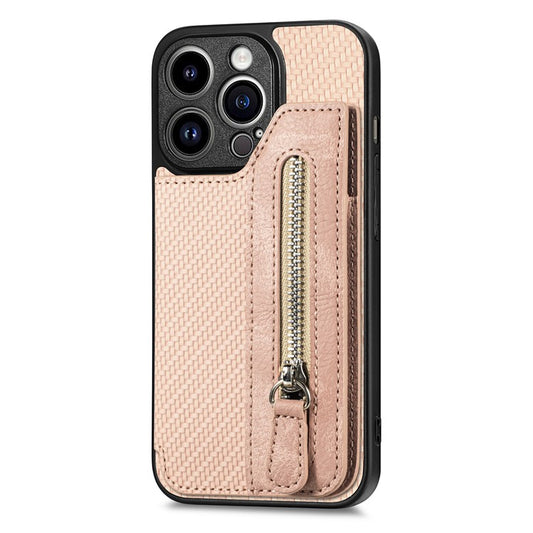 C1-04 For iPhone 14 Pro Case Leather Zipper Pocket Phone Cover with Kickstand - Apricot