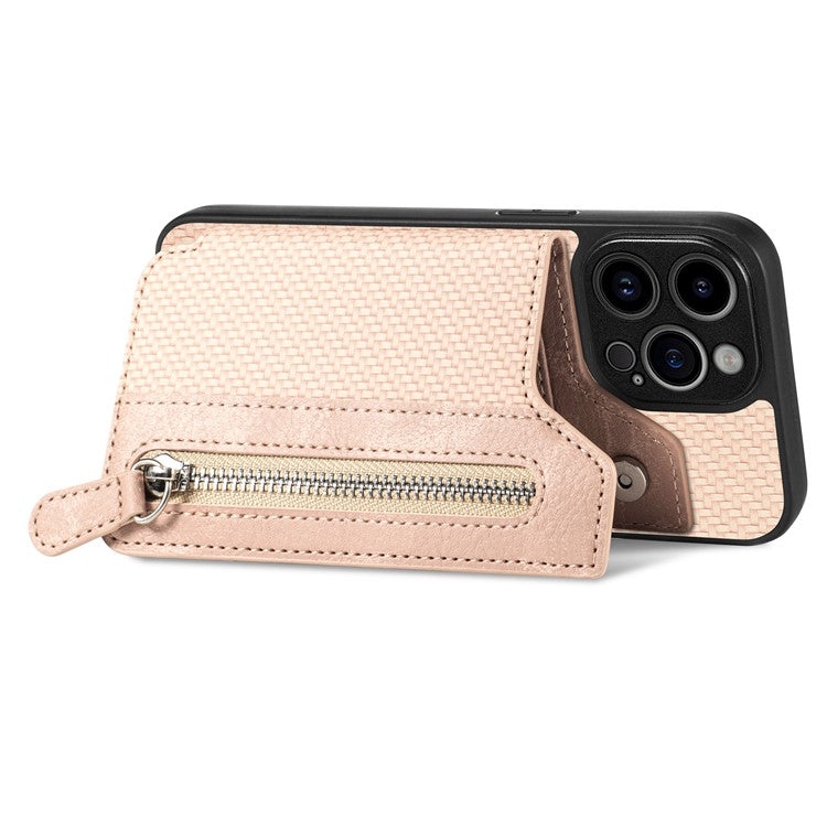 C1-04 For iPhone 14 Pro Case Leather Zipper Pocket Phone Cover with Kickstand - Apricot