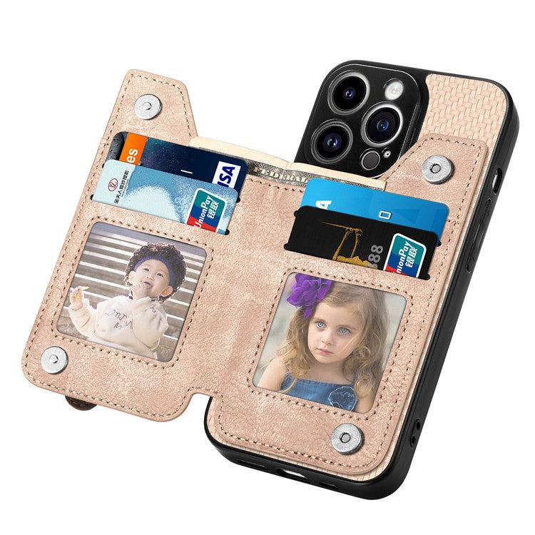 C1-04 For iPhone 14 Pro Case Leather Zipper Pocket Phone Cover with Kickstand - Apricot