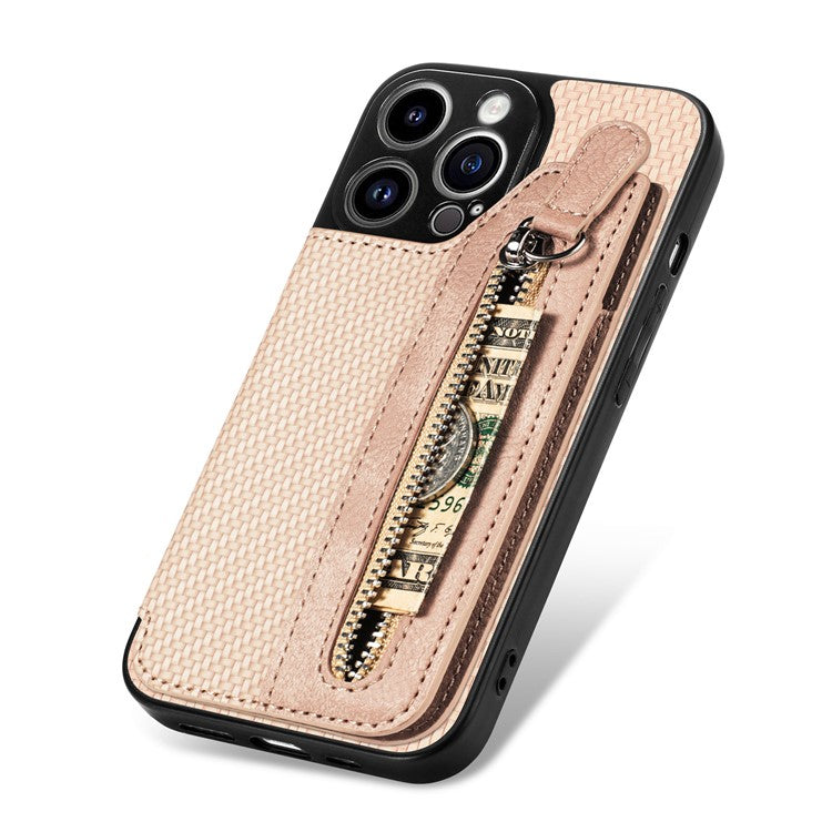 C1-04 For iPhone 14 Pro Case Leather Zipper Pocket Phone Cover with Kickstand - Apricot