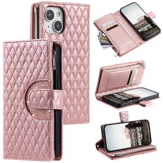 012 Style For iPhone 14 / 13 6.1 inch Case Glitter Rhombus Zipper Wallet Phone Cover with Wrist Strap - Rose Gold