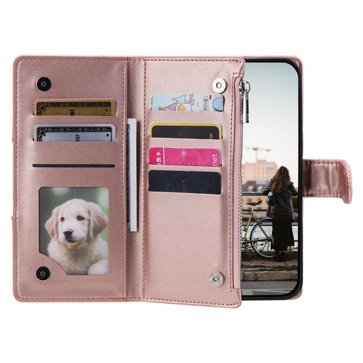 012 Style For iPhone 14 / 13 6.1 inch Case Glitter Rhombus Zipper Wallet Phone Cover with Wrist Strap - Rose Gold