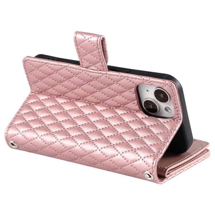 012 Style For iPhone 14 / 13 6.1 inch Case Glitter Rhombus Zipper Wallet Phone Cover with Wrist Strap - Rose Gold