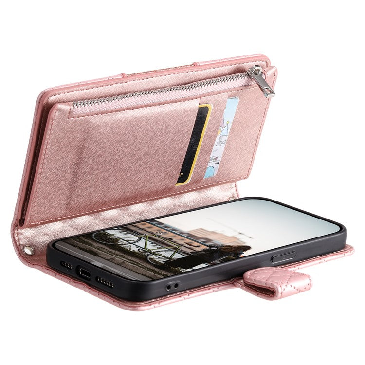 012 Style For iPhone 14 / 13 6.1 inch Case Glitter Rhombus Zipper Wallet Phone Cover with Wrist Strap - Rose Gold
