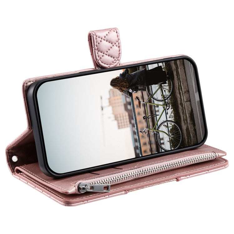 012 Style For iPhone 14 / 13 6.1 inch Case Glitter Rhombus Zipper Wallet Phone Cover with Wrist Strap - Rose Gold
