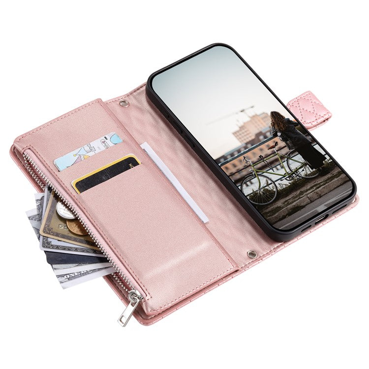 012 Style For iPhone 14 / 13 6.1 inch Case Glitter Rhombus Zipper Wallet Phone Cover with Wrist Strap - Rose Gold