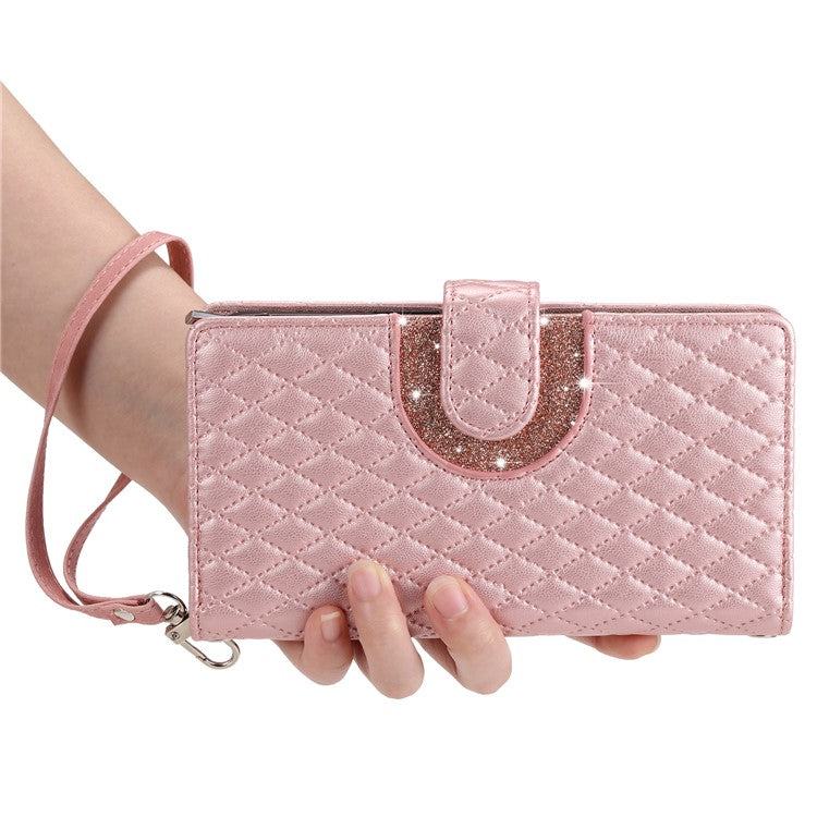 012 Style For iPhone 14 / 13 6.1 inch Case Glitter Rhombus Zipper Wallet Phone Cover with Wrist Strap - Rose Gold