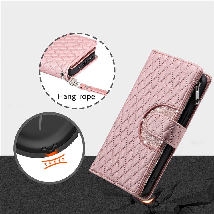 012 Style For iPhone 14 / 13 6.1 inch Case Glitter Rhombus Zipper Wallet Phone Cover with Wrist Strap - Rose Gold
