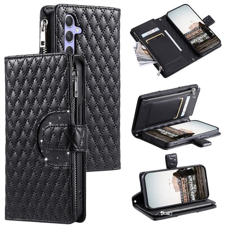 012 Style For Samsung Galaxy A05s 4G Case with Hand Strap Glitter Rhombus Zipper Wallet Phone Shell - Black