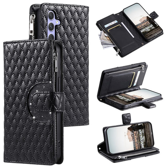 012 Style For Samsung Galaxy A05s 4G Case with Hand Strap Glitter Rhombus Zipper Wallet Phone Shell - Black