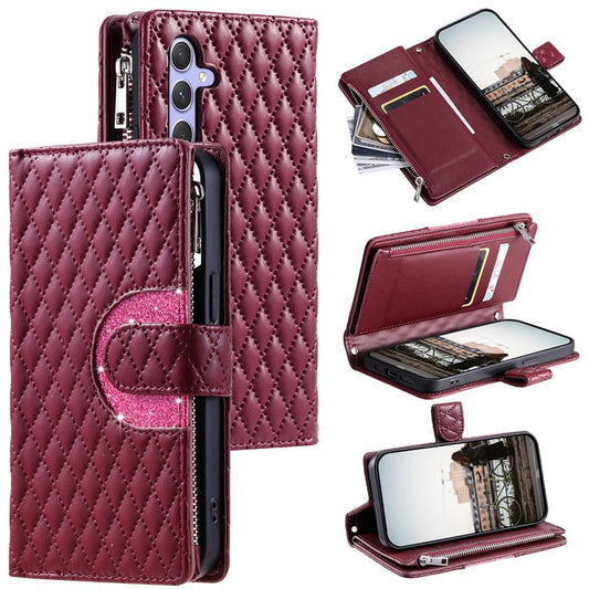 012 Style For Samsung Galaxy A35 5G Cell Phone Case Glitter Rhombus Leather Cover with Wrist Strap - Wine Red