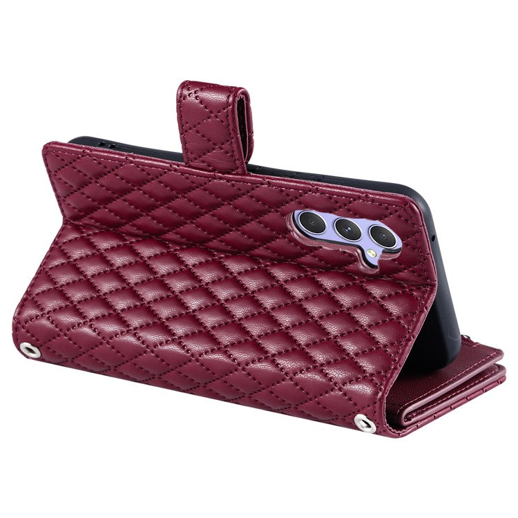 012 Style For Samsung Galaxy A35 5G Cell Phone Case Glitter Rhombus Leather Cover with Wrist Strap - Wine Red
