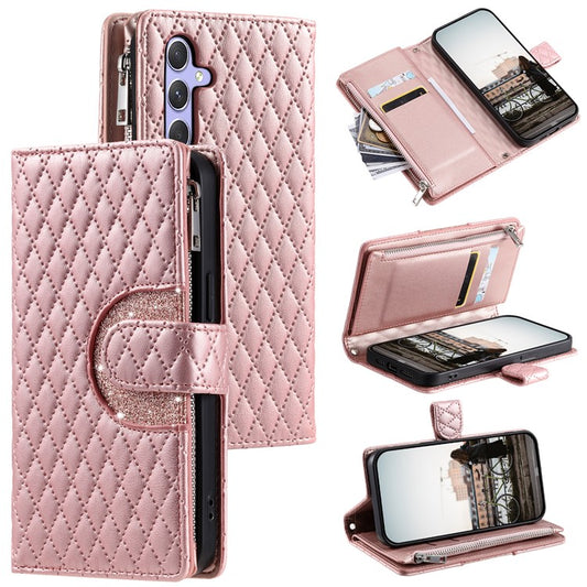 012 Style For Samsung Galaxy A35 5G Cell Phone Case Glitter Rhombus Leather Cover with Wrist Strap - Rose Gold