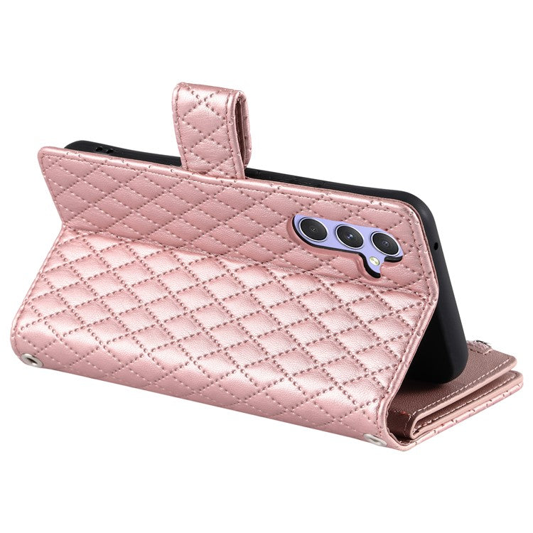 012 Style For Samsung Galaxy A35 5G Cell Phone Case Glitter Rhombus Leather Cover with Wrist Strap - Rose Gold