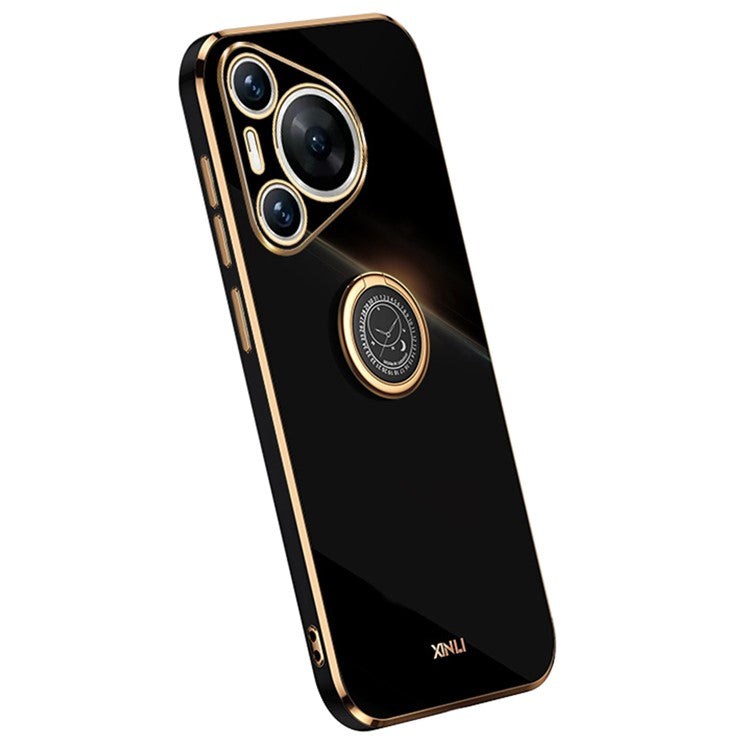 XINLI For Huawei Pura 70 TPU Case Anti-Drop Ring Kickstand Electroplating Phone Cover - Black