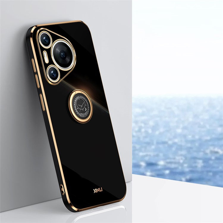 XINLI For Huawei Pura 70 TPU Case Anti-Drop Ring Kickstand Electroplating Phone Cover - Black