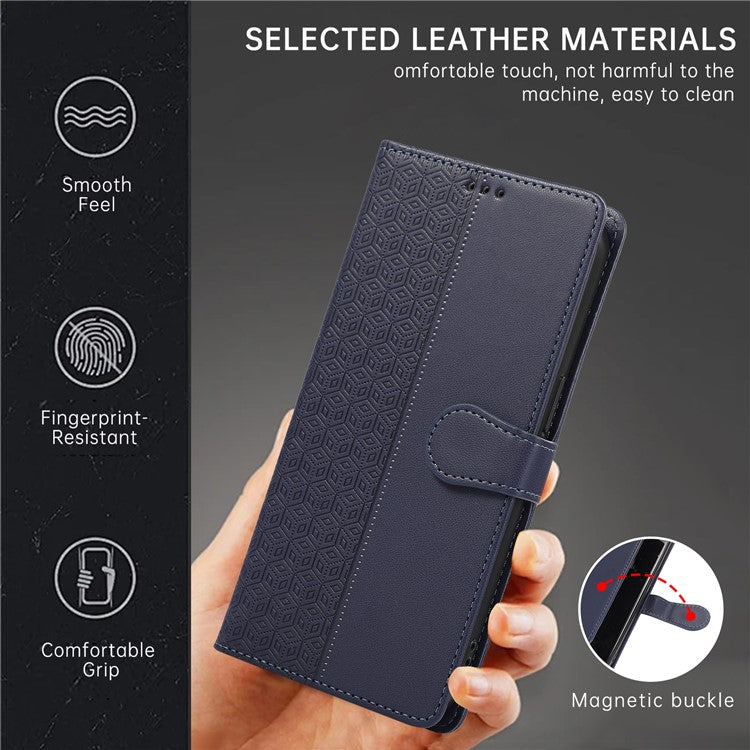 R20 for iPhone 14 Plus Wallet Case PU Leather Splicing Rhombus Cell Phone Cover - Blue