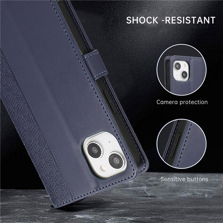 R20 for iPhone 14 Plus Wallet Case PU Leather Splicing Rhombus Cell Phone Cover - Blue