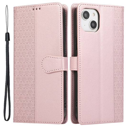 R20 for iPhone 14 Wallet Case Imprinted Rhombus Splicing PU Leather Flip Phone Cover - Rose Gold