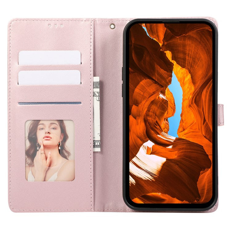 R20 for iPhone 14 Wallet Case Imprinted Rhombus Splicing PU Leather Flip Phone Cover - Rose Gold