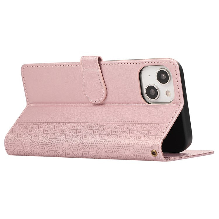 R20 for iPhone 14 Wallet Case Imprinted Rhombus Splicing PU Leather Flip Phone Cover - Rose Gold