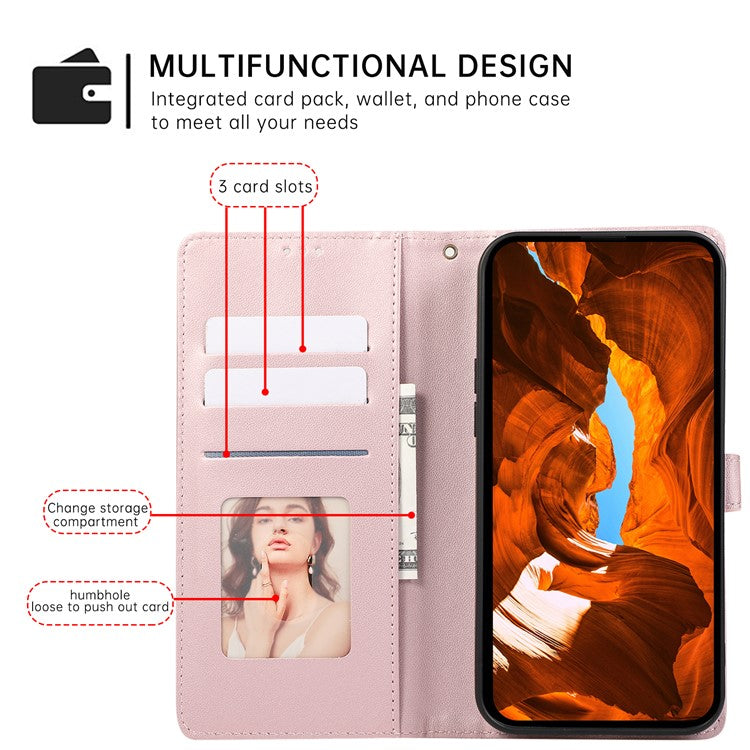 R20 for iPhone 14 Wallet Case Imprinted Rhombus Splicing PU Leather Flip Phone Cover - Rose Gold