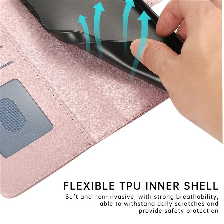 R20 for iPhone 14 Wallet Case Imprinted Rhombus Splicing PU Leather Flip Phone Cover - Rose Gold