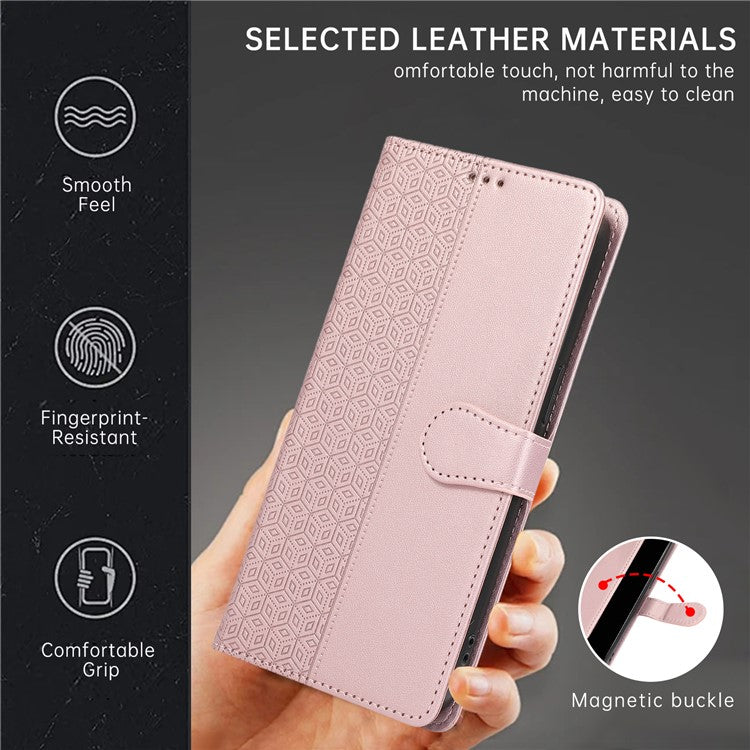 R20 for iPhone 14 Wallet Case Imprinted Rhombus Splicing PU Leather Flip Phone Cover - Rose Gold