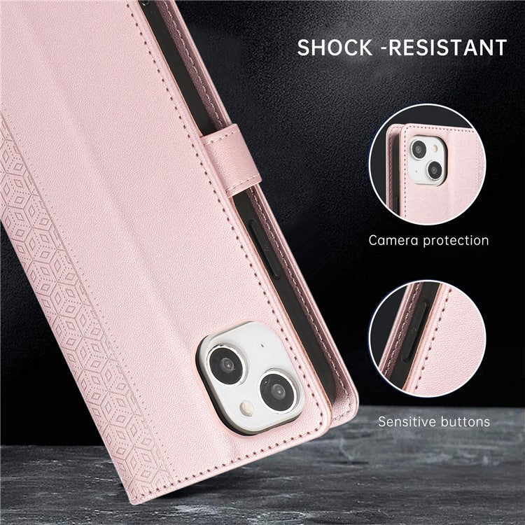 R20 for iPhone 14 Wallet Case Imprinted Rhombus Splicing PU Leather Flip Phone Cover - Rose Gold