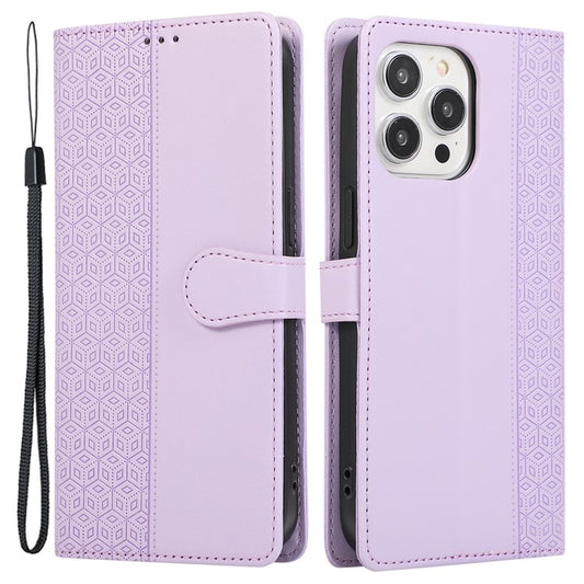R20 for iPhone 14 Pro Max Case Splicing Imprinted Rhombus Anti-scratch Leather Phone Cover - Purple