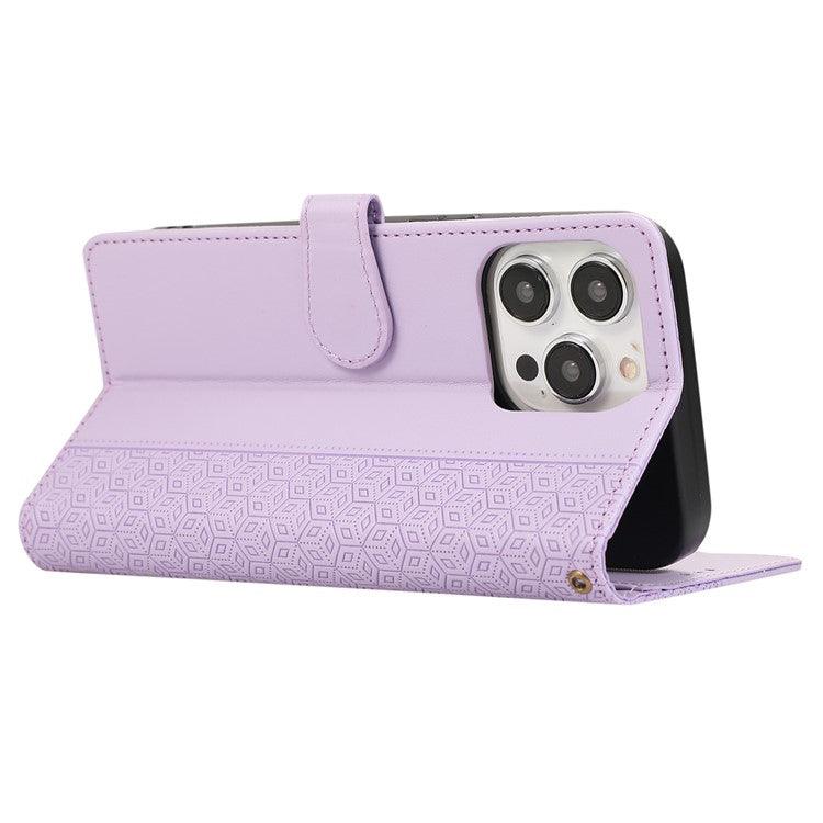 R20 for iPhone 14 Pro Max Case Splicing Imprinted Rhombus Anti-scratch Leather Phone Cover - Purple