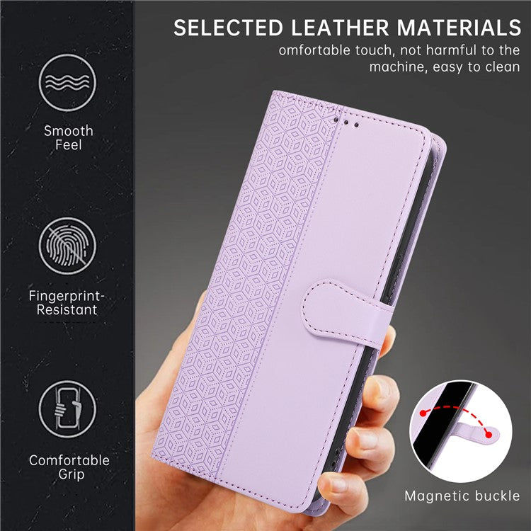 R20 for iPhone 14 Pro Max Case Splicing Imprinted Rhombus Anti-scratch Leather Phone Cover - Purple