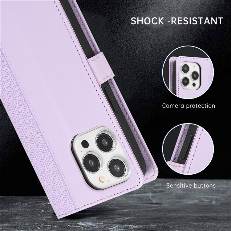 R20 for iPhone 14 Pro Max Case Splicing Imprinted Rhombus Anti-scratch Leather Phone Cover - Purple