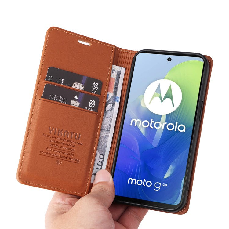 YIKATU YK-001 For Motorola Moto E14 4G / G04 4G / G04s 4G / G24 4G Cell Phone Case Magnetic Closing Leather Cover - Brown