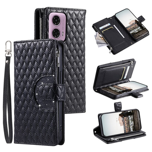 Style 012 for Motorola Moto E14 4G / G04 4G / G04s 4G / G24 4G Case Glitter Design PU Leather Phone Cover with Zipper Pocket - Black