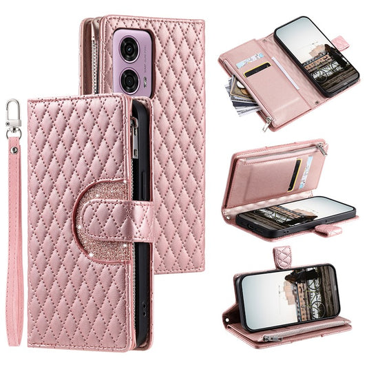 Style 012 for Motorola Moto E14 4G / G04 4G / G04s 4G / G24 4G Case Glitter Design PU Leather Phone Cover with Zipper Pocket - Rose Gold