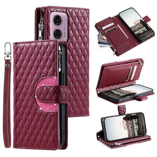 Style 012 for Motorola Moto E14 4G / G04 4G / G04s 4G / G24 4G Case Glitter Design PU Leather Phone Cover with Zipper Pocket - Wine Red