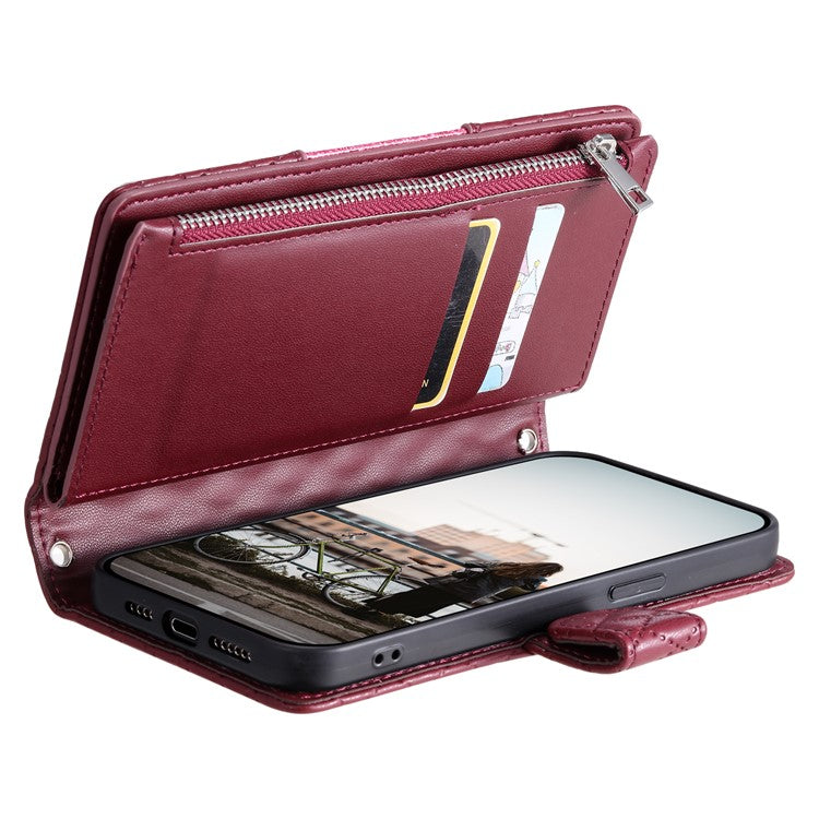 Style 012 for Motorola Moto E14 4G / G04 4G / G04s 4G / G24 4G Case Glitter Design PU Leather Phone Cover with Zipper Pocket - Wine Red