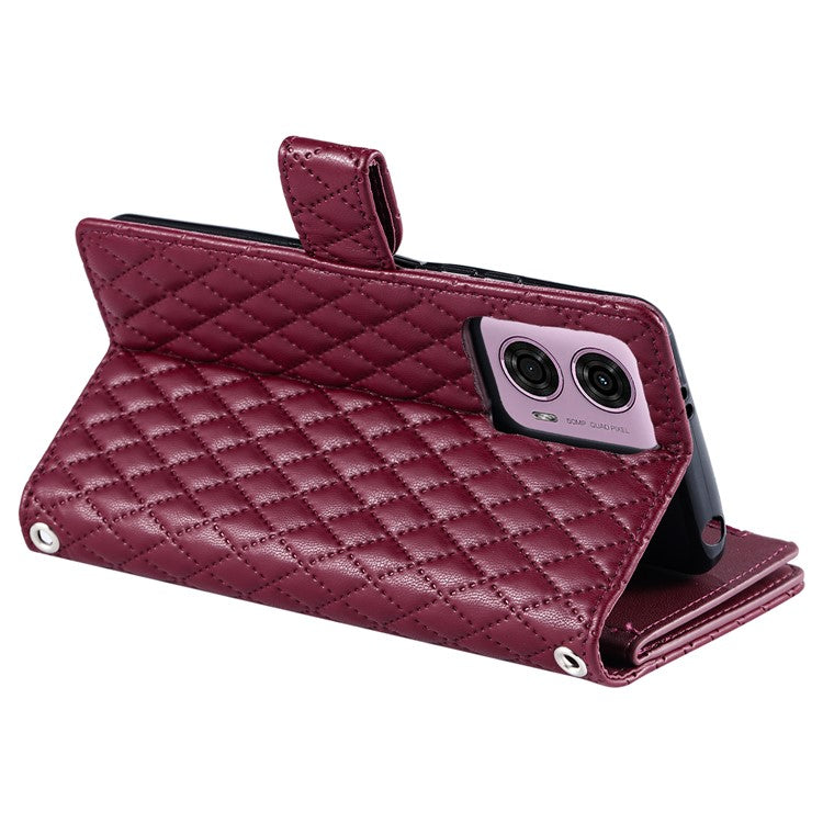 Style 012 for Motorola Moto E14 4G / G04 4G / G04s 4G / G24 4G Case Glitter Design PU Leather Phone Cover with Zipper Pocket - Wine Red