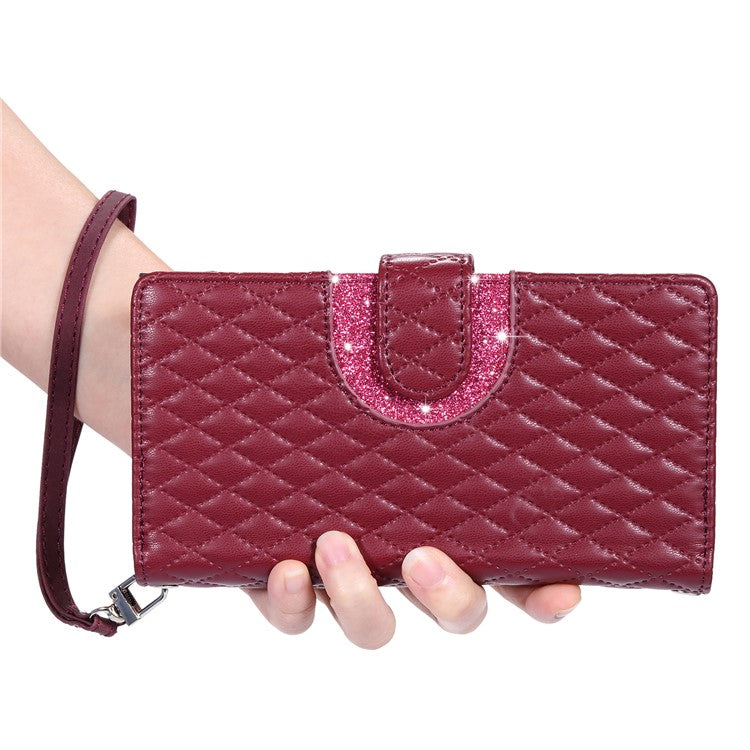Style 012 for Motorola Moto E14 4G / G04 4G / G04s 4G / G24 4G Case Glitter Design PU Leather Phone Cover with Zipper Pocket - Wine Red