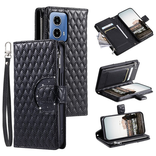 Style 012 for Motorola Moto G45 5G / G34 5G Zipper Wallet Case Rhombus Folding Stand Leather Phone Cover - Black