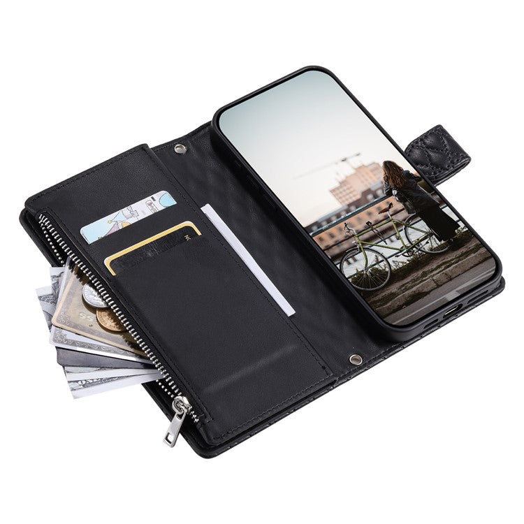 Style 012 for Motorola Moto G45 5G / G34 5G Zipper Wallet Case Rhombus Folding Stand Leather Phone Cover - Black