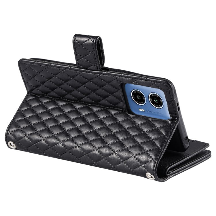 Style 012 for Motorola Moto G45 5G / G34 5G Zipper Wallet Case Rhombus Folding Stand Leather Phone Cover - Black