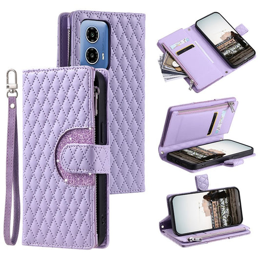Style 012 for Motorola Moto G45 5G / G34 5G Zipper Wallet Case Rhombus Folding Stand Leather Phone Cover - Purple