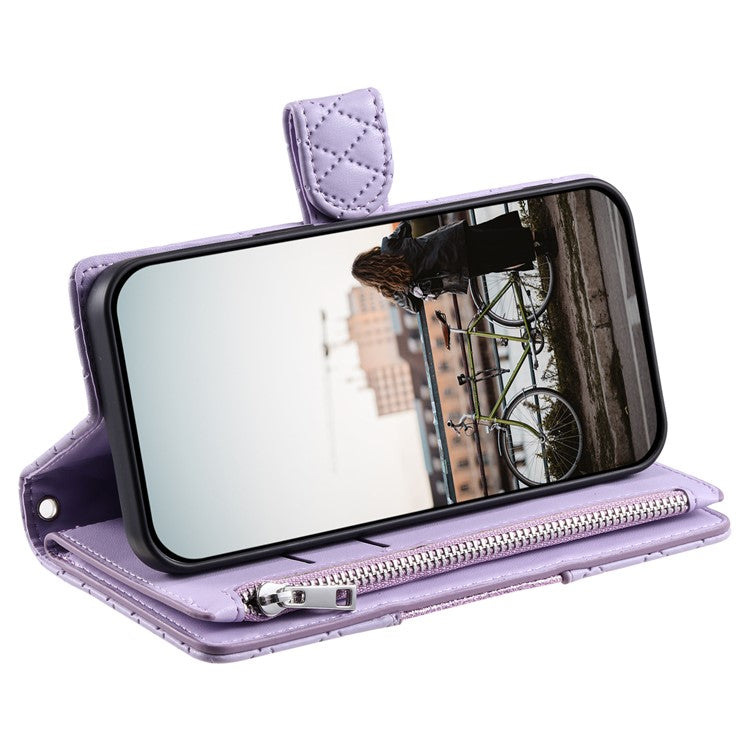 Style 012 for Motorola Moto G45 5G / G34 5G Zipper Wallet Case Rhombus Folding Stand Leather Phone Cover - Purple