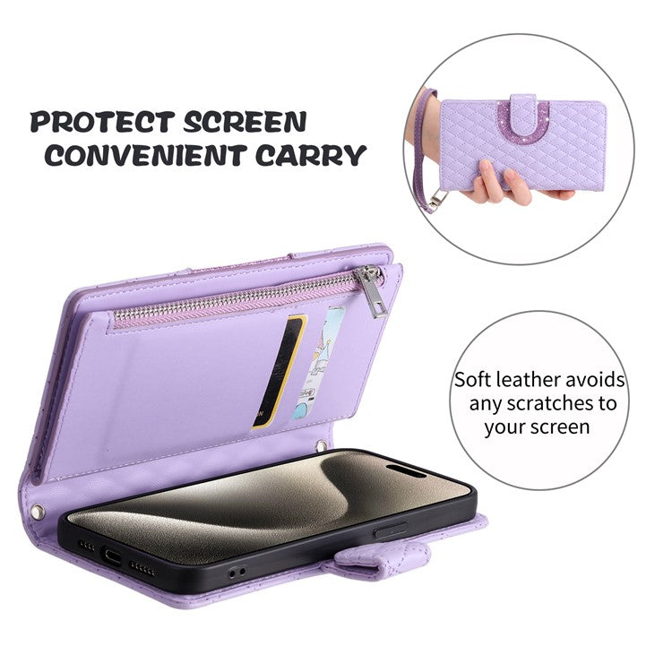 Style 012 for Motorola Moto G45 5G / G34 5G Zipper Wallet Case Rhombus Folding Stand Leather Phone Cover - Purple