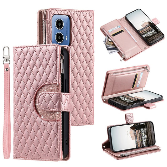 Style 012 for Motorola Moto G45 5G / G34 5G Zipper Wallet Case Rhombus Folding Stand Leather Phone Cover - Rose Gold