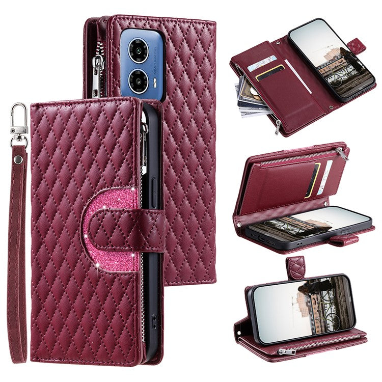 Style 012 for Motorola Moto G45 5G / G34 5G Zipper Wallet Case Rhombus Folding Stand Leather Phone Cover - Wine Red