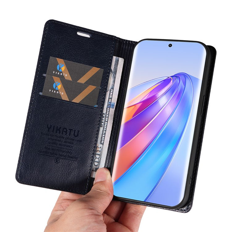 YIKATU YK-006 For Honor X40 5G / X9a 5G / Magic5 Lite 5G Leather Case Litchi Texture Phone Wallet Cover - Navy Blue